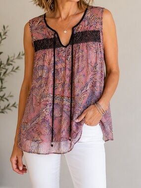 Daniel Rainn Sleeveless Sheer Paisley Tunic Top Size Large